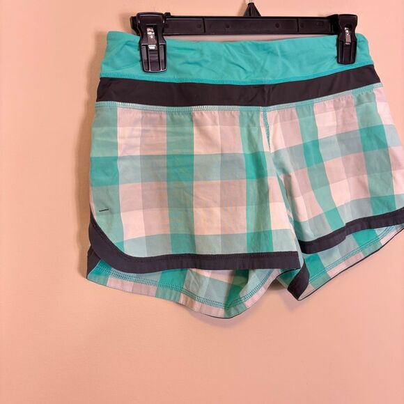 Lululemon Bright Teal Blue & Grey Plaid Athletic Speed Up Shorts 4 - Picture 3 of 7